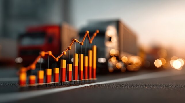 A visually striking image depicting a bar graph representing growth, with trucks blurred in the background, suggesting transportation and logistics themes.