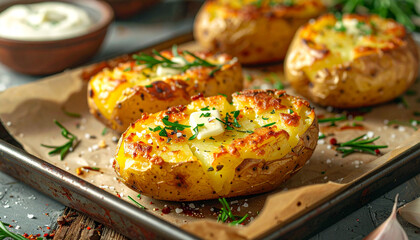 Appetizing Close-up Baked Potato with Butter and Herbs Culinary Presentation