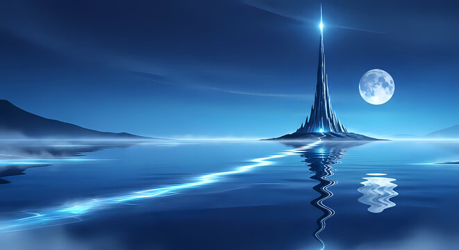 Majestic moonlit tower shimmers above tranquil waters, evoking peaceful fantasy, ideal for inspirational projects and serene digital art concepts - Powered by Adobe