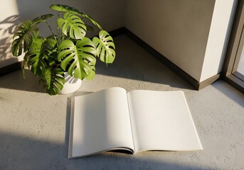 Open magazine mockup on concrete floor near potted monstera plant, modern minimal interior daylight scene