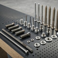 An array of various screws and bolts organized on a metal surface