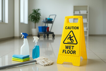 Clean Interior Scene Featuring Wet Floor Sign and Cleaning Supplies