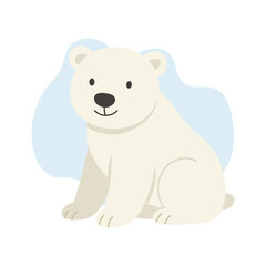Naklejka premium Polar bear sits calmly on frozen land, bear radiates warmth and innocence, polar bear symbolizes strength, survival, and purity of arctic wildlife, touching viewers with winter serenity and care.