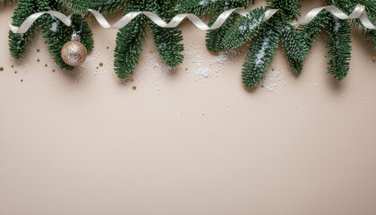 Overhead view of Christmas tree branches arranged artistically with ornaments, ribbon 