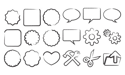 Collection of hand drawn shapes speech bubbles and simple tools
