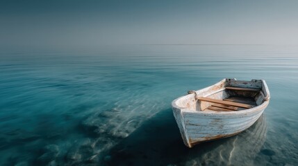 Naklejka premium A serene, isolated boat floats peacefully on calm, clear waters, creating a tranquil, reflective atmosphere.