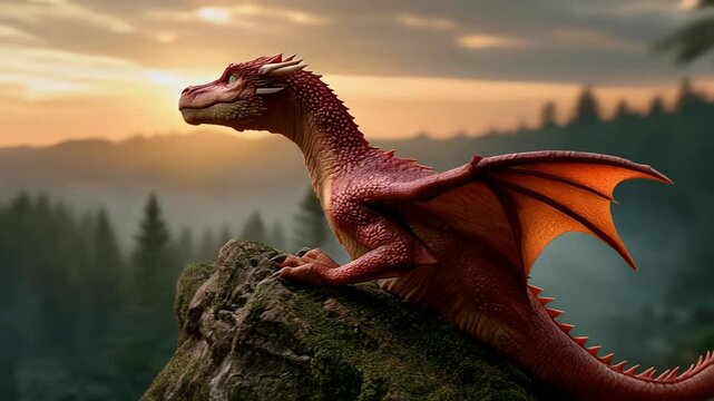 Fantasy Dragon Creature on a Rock Surrounded by Lush Greenery in a Mystical Environment