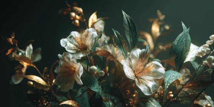 Floral Elegance: Captivating floral arrangement of delicate white blooms and lush green foliage, enhanced by touches of gold. Experience the artistry of nature's beauty and elegance.