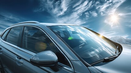 Fototapeta premium A sleek car under a vibrant sky, showcasing modern design and clear reflections, emphasizing a sense of motion and freedom.