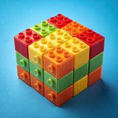 Fototapeta premium A cube of brightly colored plastic building blocks perfectly interlocked