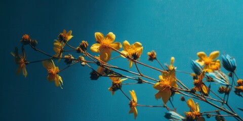 Floral Tapestry: Sunlit yellow flowers and buds reaching gracefully against a vibrant turquoise sky, showcasing the natural beauty of the plant in a picturesque setting.