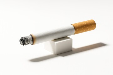 Single cigarette resting on a small matte white acrylic block with a delicate ash tip minimal studio concept on white