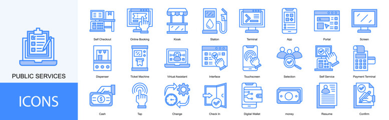 public services icon collection set. Containing  Online Booking, Kiosk, Station, Terminal, App, Portal, Screen icon