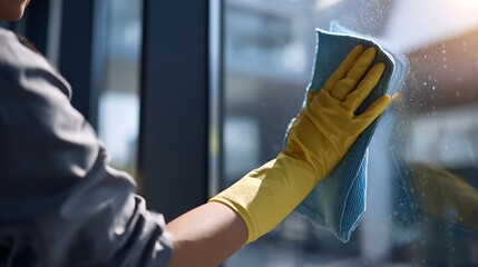 Close-up of a cleaner's hand in a yellow glove wiping a glass window with a blue cloth in a modern office