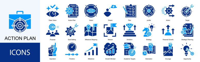 action plan icon collection set. Containing Vision, Dream, Plan, profile, Action, Target, Purpose, Goal Setting icon