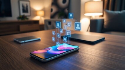 Smart device connects people and ideas with glowing network icons