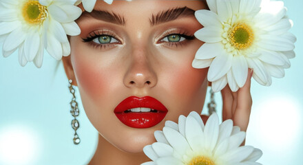 high fashion beauty portrait of young woman with red lips and white daisies on light background