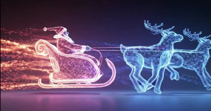 Holographic Futuristic Santa Claus on a Sleigh Animation with Neon Glow