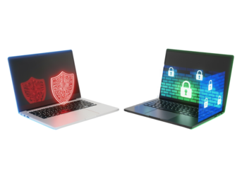 Laptop with firewall protection duo isolated on transparent background