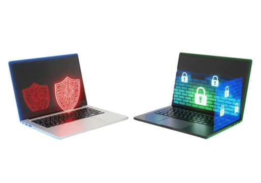 Laptop with firewall protection duo isolated on transparent background