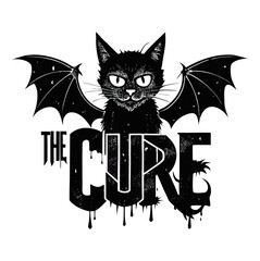 Gothic Winged Cat Illustration with Dripping THE CURE Typography &ndash; Dark Fantasy Vector Design