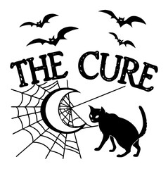 Gothic Cat and Moon Emblem with THE CURE Text &ndash; Halloween Vector Design