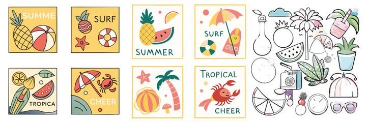 Tropical Summer Stamp and Doodle Icon Set &ndash; Colorful Vector Collection for Seasonal Design
