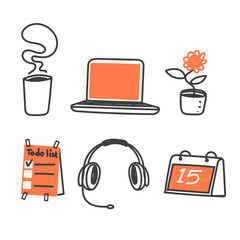 set collection of items on the office desk in doodle hand drawn style