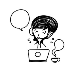 cartoon woman and bubble talk with laptop wearing headset looking at laptop with cup tea beside it