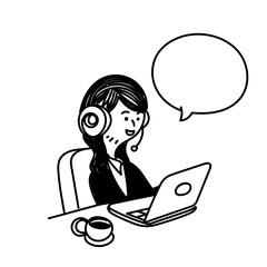 cartoon woman and bubble talk with laptop wearing headset looking at laptop with cup tea beside it