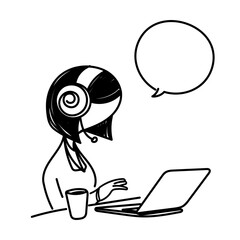 cartoon woman and bubble talk with laptop wearing headset looking at laptop with cup tea beside it