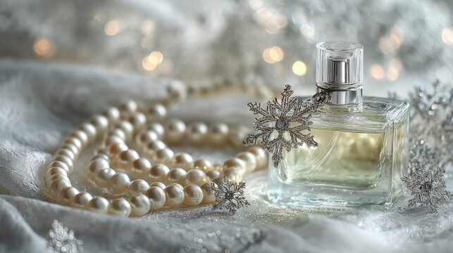 Elegant Fragrance: A close-up shot of a delicate perfume bottle adorned with a snowflake, accompanied by a string of lustrous pearls on a soft, textured surface.