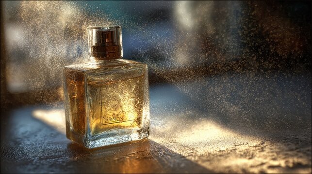 Elegant Fragrance: A close-up shot of a sophisticated glass perfume bottle, surrounded by a captivating spray of scent particles in the air, creating a sensory illusion of luxury and freshness.