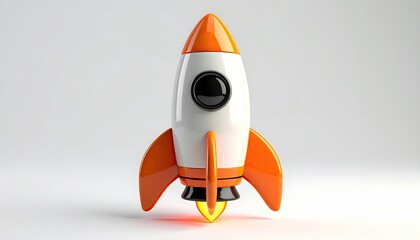 White & orange rocket, centered, facing forward on light background