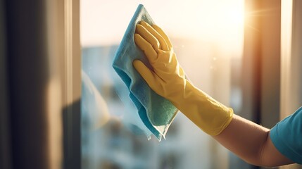 Close-up of a gloved hand using a cloth to clean a window with sunlight streaming in, symbolizing cleanliness and home care