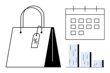 Shopping bag with discount tag, wall calendar, and bar chart illustrating sales progression and seasonal planning. Ideal for retail, discounts, scheduling, e-commerce, marketing, analytics business