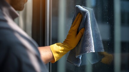Cleaning Service Professional Wiping a Window with a Microfiber Cloth and Gloves