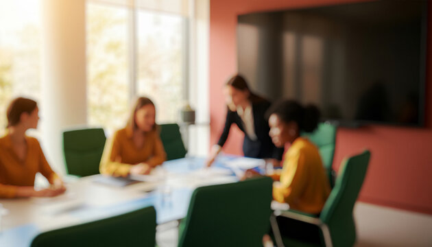Blurred business meeting with diverse people around a conference table, reflecting teamwork, inclusion, and collaboration in a bright professional office environment full of energy and focus.