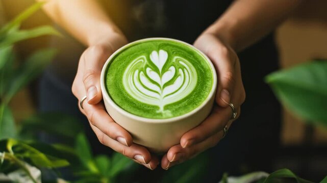 A person holds a bowl of matcha latte surrounded by lush greenery.