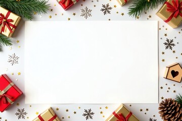Festive Christmas gifts, pine, snowflakes, and stars frame blank card