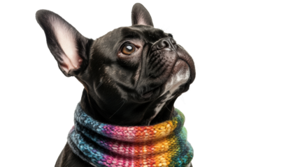 Stylish French Bulldog in scarf looking sideways
