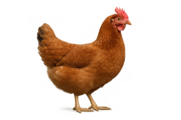 Brown domestic hen standing, valuable for egg production and agricultural themes. Transparent background