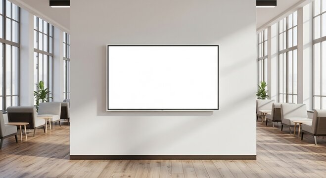Modern Minimalist Office Lobby Mockup with Blank Horizontal LED Screen on Wall, Photorealistic Interior with Natural Sunlight and Hard Shadows, Digital Signage Template for Corporate Branding
