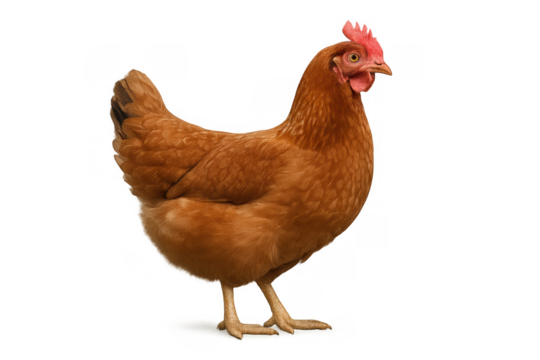 Brown domestic hen standing, valuable for egg production and agricultural themes. Transparent background