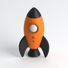 Orange cartoon rocketship, black fins, white window, simple