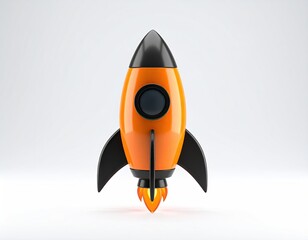 Cartoon rocket orange body, black trim, fire trail