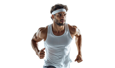 Muscular man in a white tank top captured mid-run with an intense focus, symbolizing strength, athleticism, and dedication to fitness
