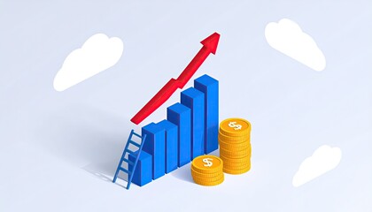 Rising bar graph with red arrow, coins, and ladder