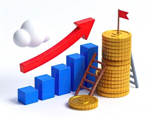 Business growth concept with arrow, coins, cloud, and ladder