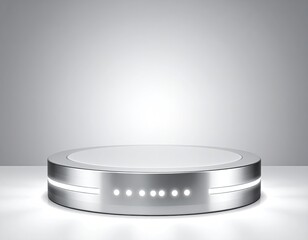 Silver, round product display podium on a light grey backdrop